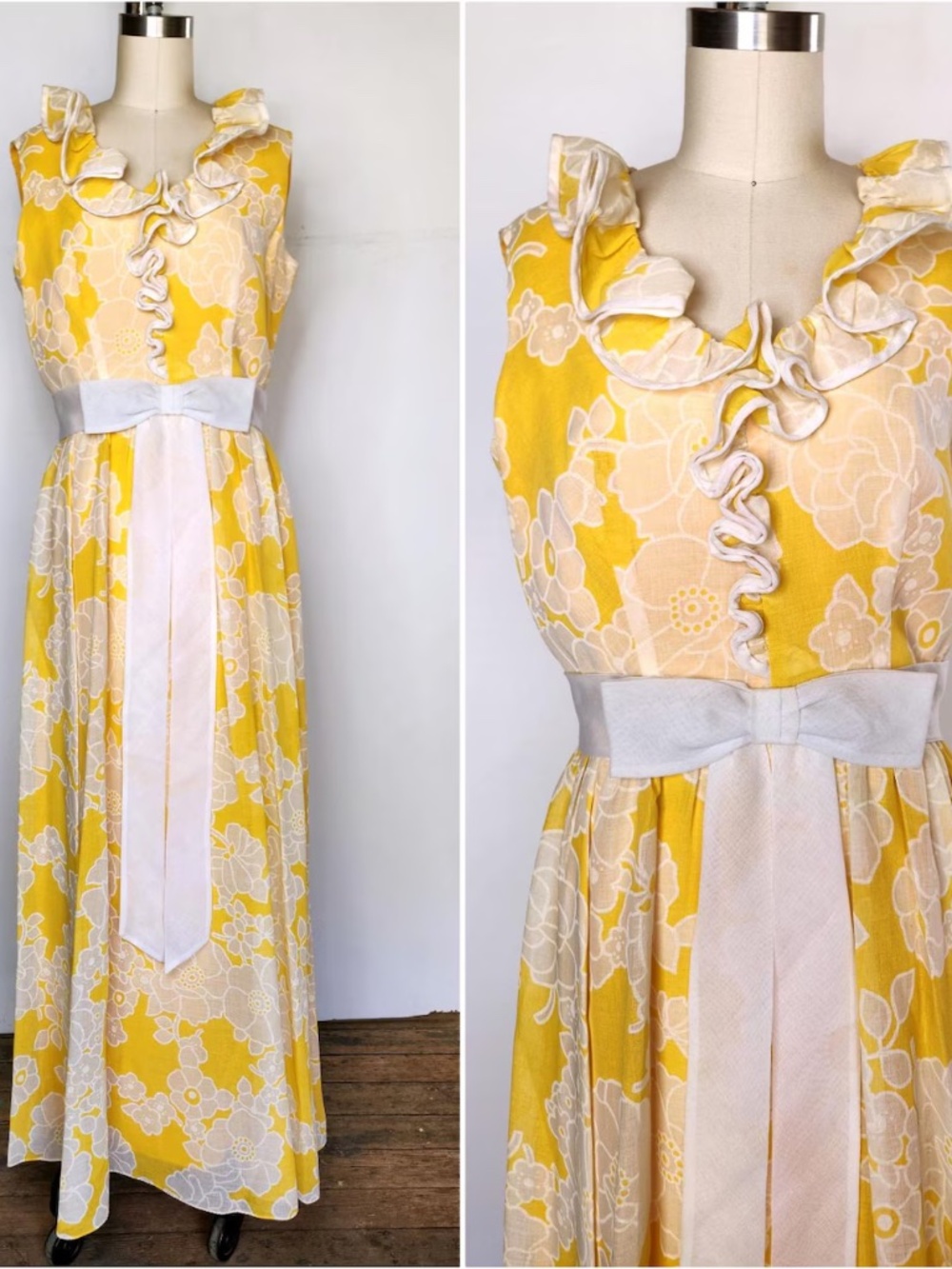 Vintage 70s Maxi Floral Yellow Dress by Elliette California Designer Vintage M